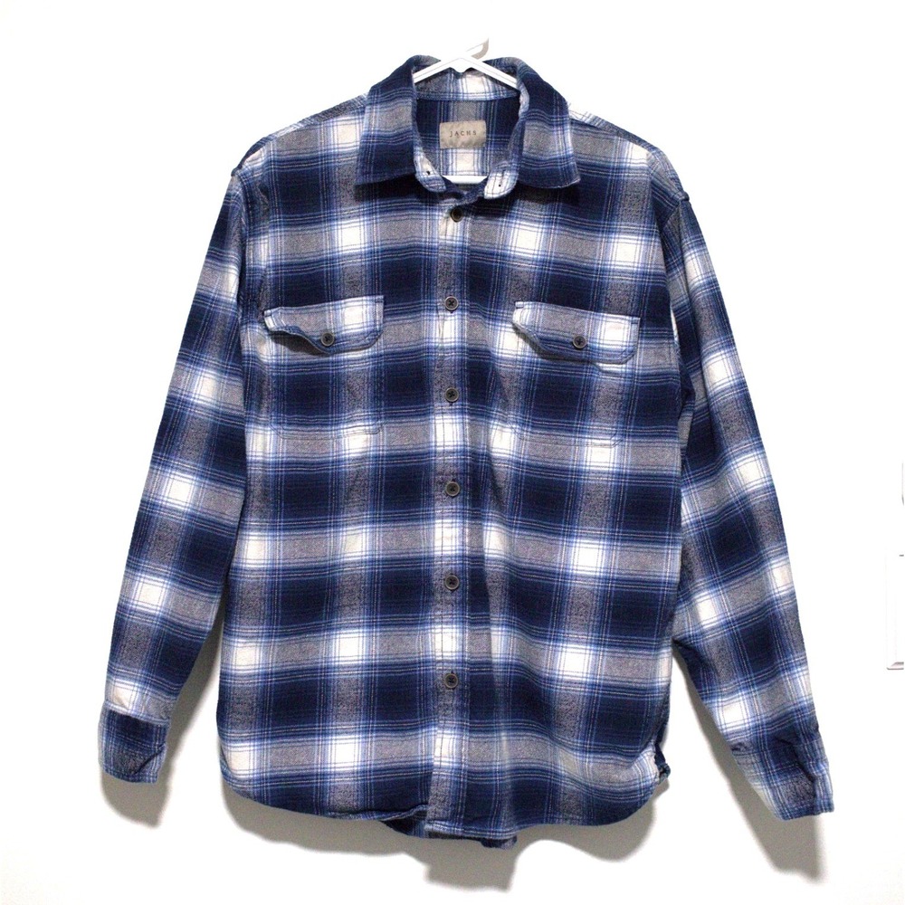 Jachs NY Mens XL Blue White Plaid Flannel Long Sleeve Button Down Shirt